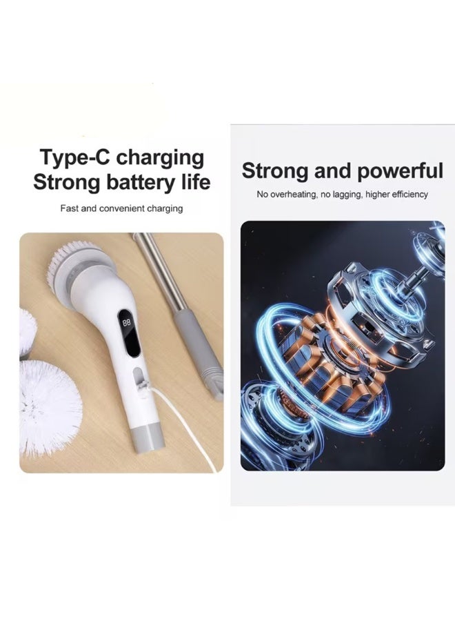 فرشاة تنظيف كهربائية دوارة لاسلكية 9 في 1 مع 9 رؤوس فرشاة قابلة للاستبدال وذراع تمديد قابل للتعديل بطول 54 بوصة، فرشاة تنظيف قوية قابلة لإعادة الشحن للحمام والمطبخ والبلاط والأرضيات وأحواض الاستحمام - Image 5